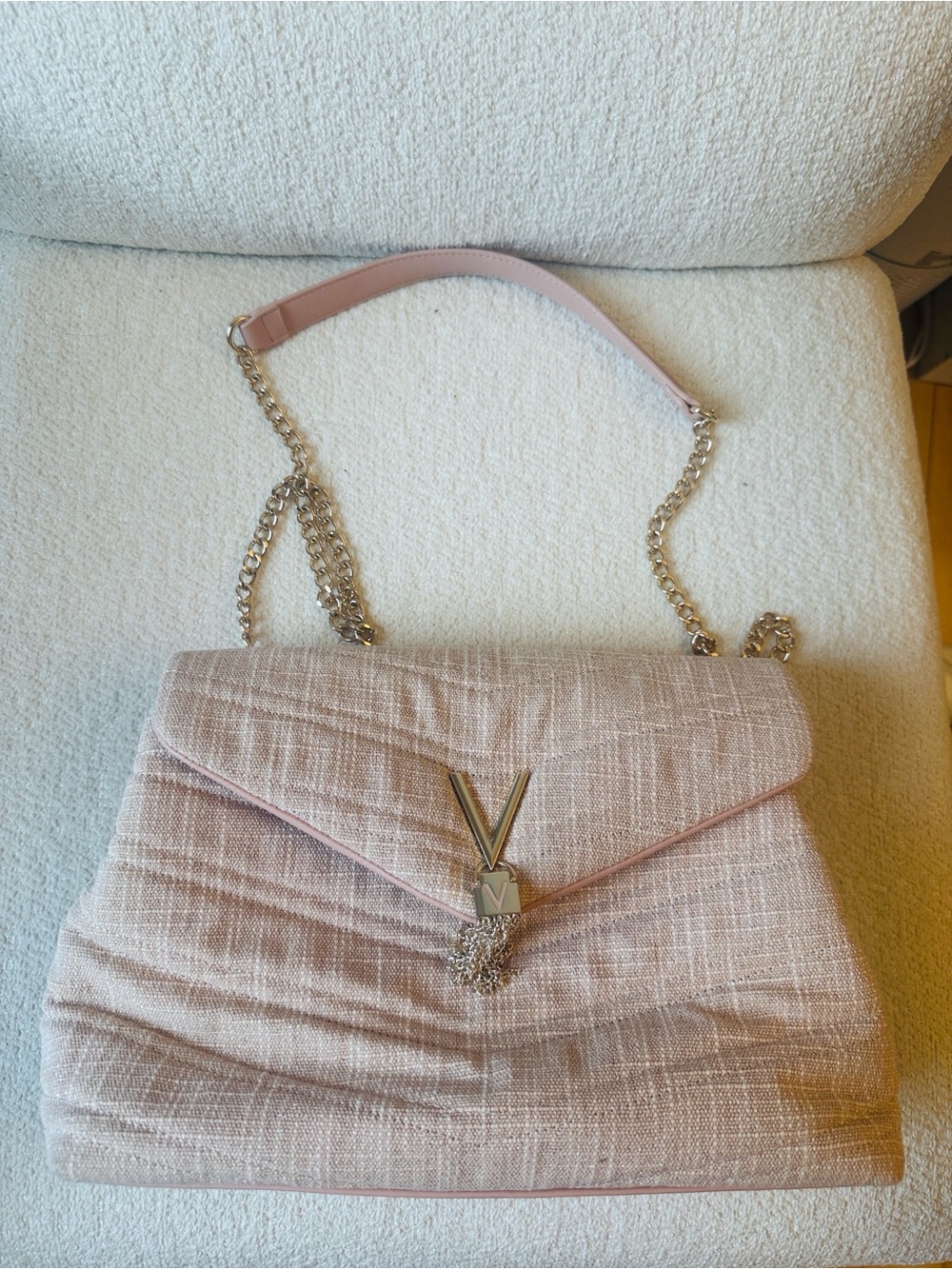 Mario Valentino Pale Pink Tweed Shoulder Bag with Silver Chain